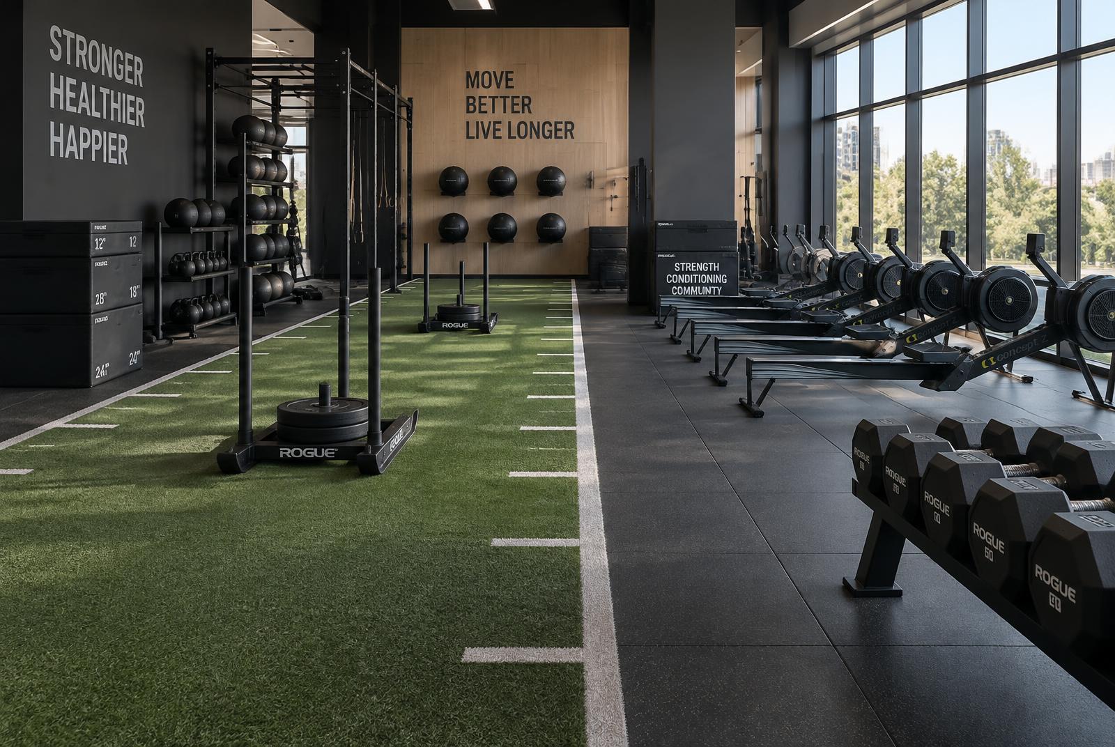 Functional fitness bij FitZone Assenede met sleds, roeiers en wall balls