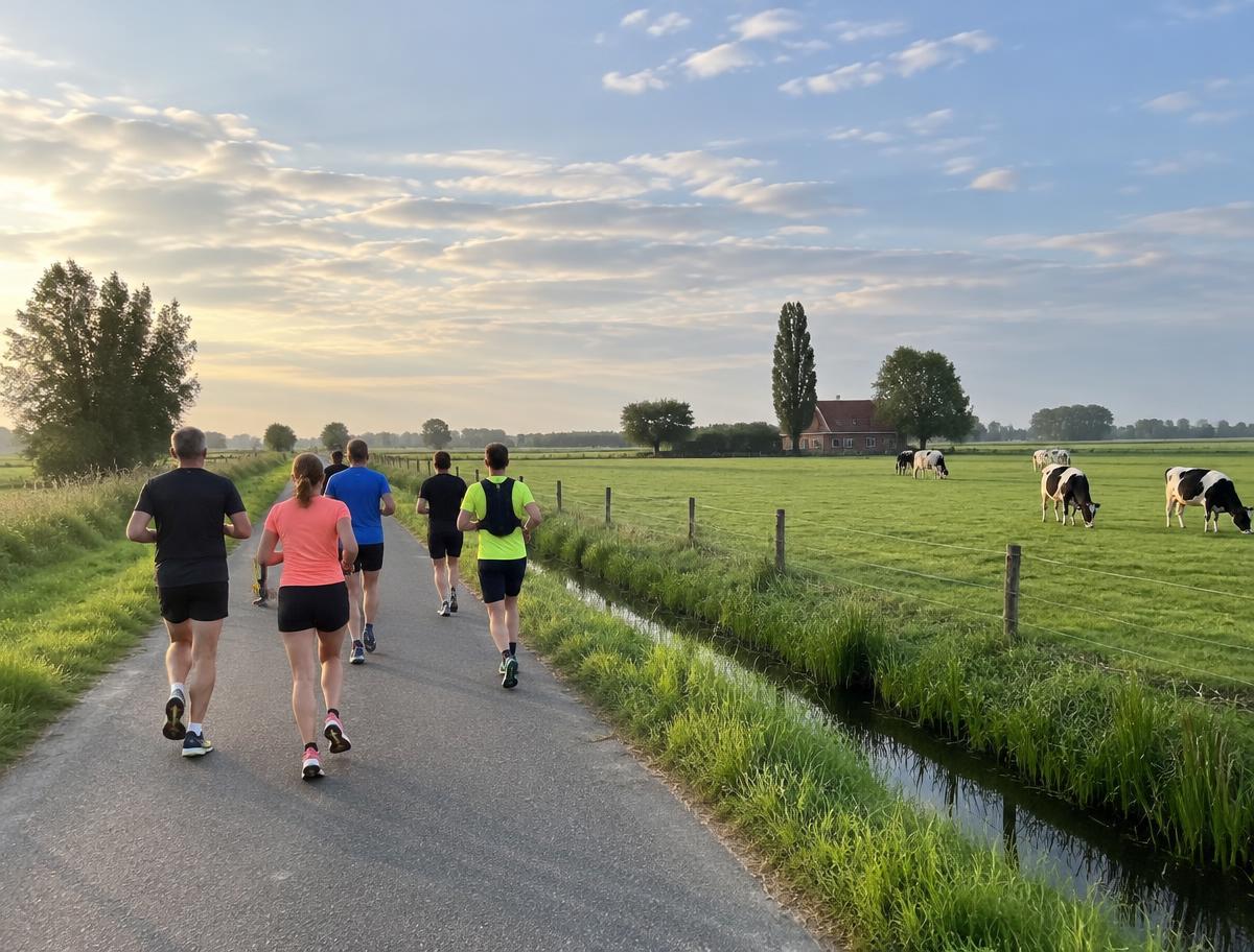 Groepslopers onderweg tijdens Fitzone RUNbeat bij zonsopgang